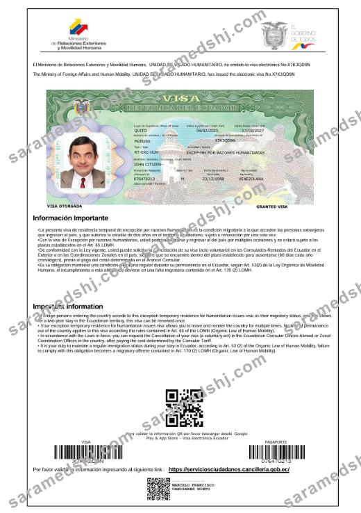 Ecuador travel visa template in Word and PDF formats, version 2